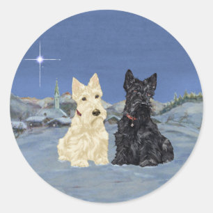Black & Wheaten Scottish Terriers Winter Classic Round Sticker