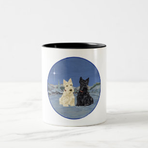 Black & Wheaten Scottish Terriers Winter Two-Tone Coffee Mug