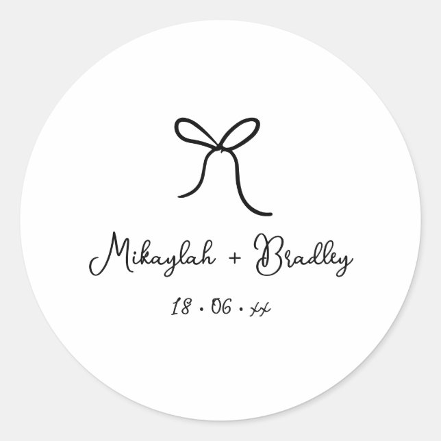 Black Whimsical Bow Personalised Wedding  Classic Round Sticker (Front)