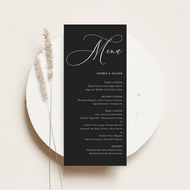 Black Whimsical Calligraphy Wedding Menu (Customizable black and white wedding menu card featuring whimsical calligraphy)