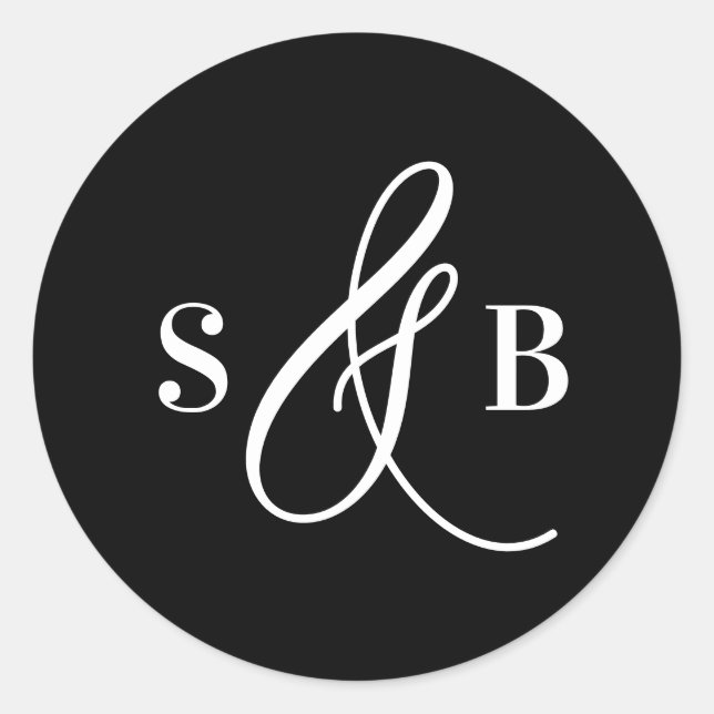 Black Whimsical Calligraphy Wedding Monogram Classic Round Sticker (Front)