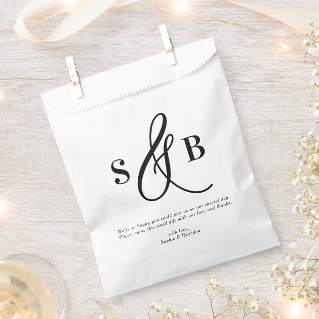 Black Whimsical Calligraphy Wedding Monogram Favour Bags (Clipped)