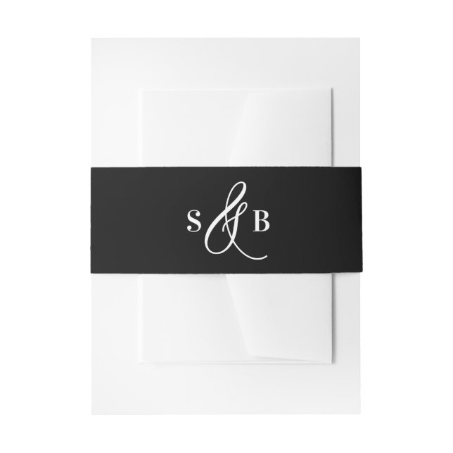 Black Whimsical Calligraphy Wedding Monogram Invitation Belly Band (Front Example)