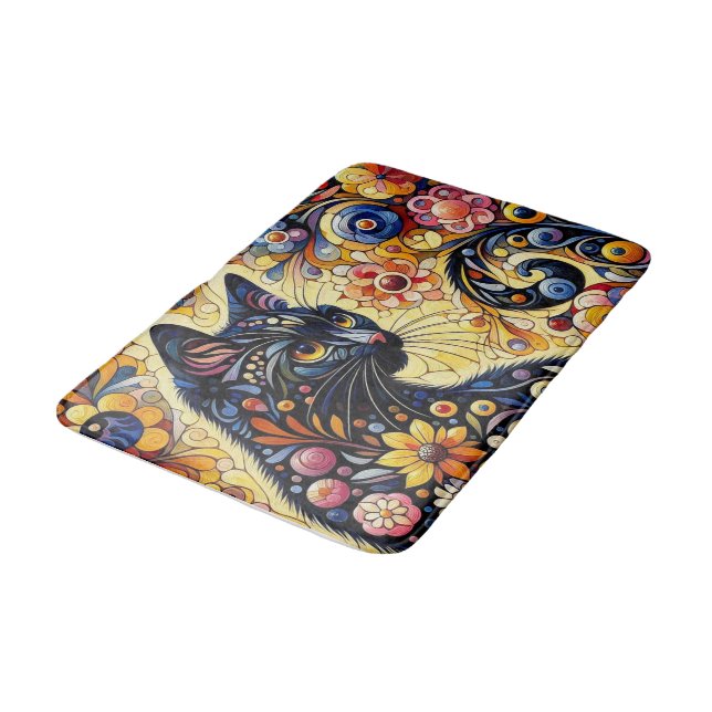 Black Whimsical Cat Abstract Floral Painting Art  Bath Mat (Angled)
