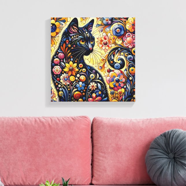 Black Whimsical Cat Abstract Floral Painting Art  Canvas Print (Insitu(LivingRoom))