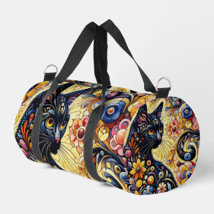 Black Whimsical Cat Abstract Floral Painting Art Duffle Bag