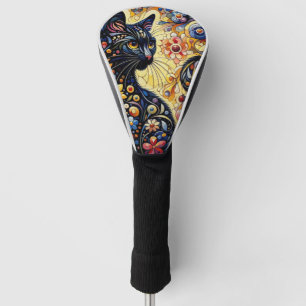 Black Whimsical Cat Abstract Floral Painting Art Golf Head Cover