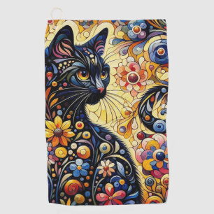 Black Whimsical Cat Abstract Floral Painting Art  Golf Towel