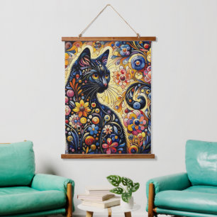 Black Whimsical Cat Abstract Floral Painting Art Hanging Tapestry