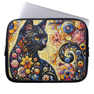 Black Whimsical Cat Abstract Floral Painting Art Laptop Sleeve