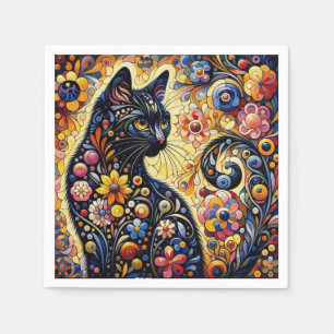 Black Whimsical Cat Abstract Floral Painting Art Napkin