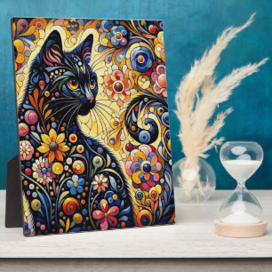 Black Whimsical Cat Abstract Floral Painting Art  Plaque
