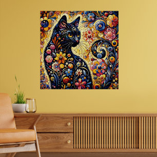 Black Whimsical Cat Abstract Floral Painting Art  Poster