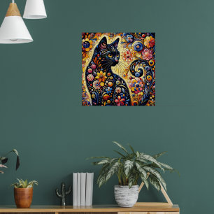 Black Whimsical Cat Abstract Floral Painting Art  Poster