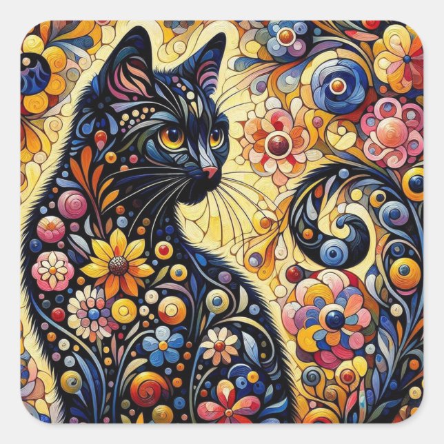 Black Whimsical Cat Abstract Floral Painting Art  Square Sticker (Front)