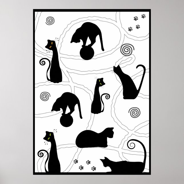 Black Whimsical Cats Poster (Front)