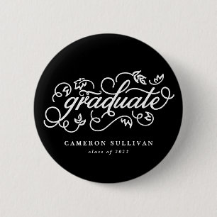 Black Whimsical Floral Script Graduation Button