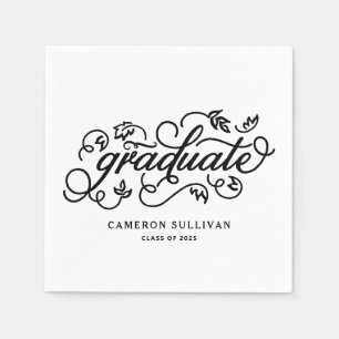 Black Whimsical Floral Script Graduation Napkin