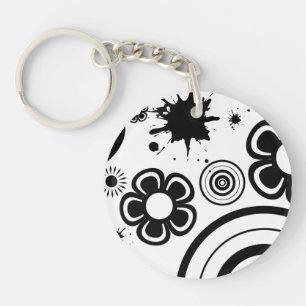 Black Whimsical Flowers, Circles, Splatter Pattern Key Ring