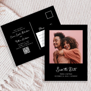 Black Whimsical Photo   QR Code Save The Date Announcement Postcard