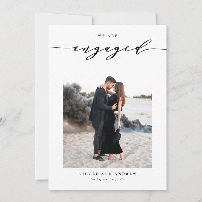 Black Whimsical Script Photo Engagement Announcement (Front)