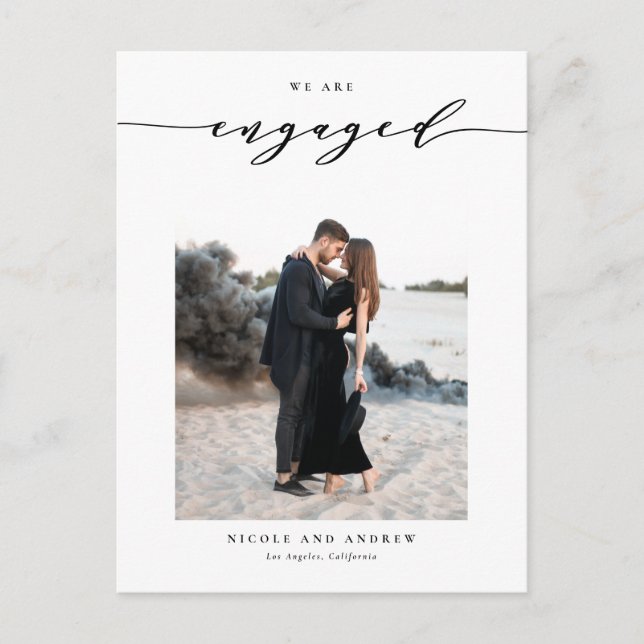 Black Whimsical Script Photo Engagement Announcement Postcard (Front)