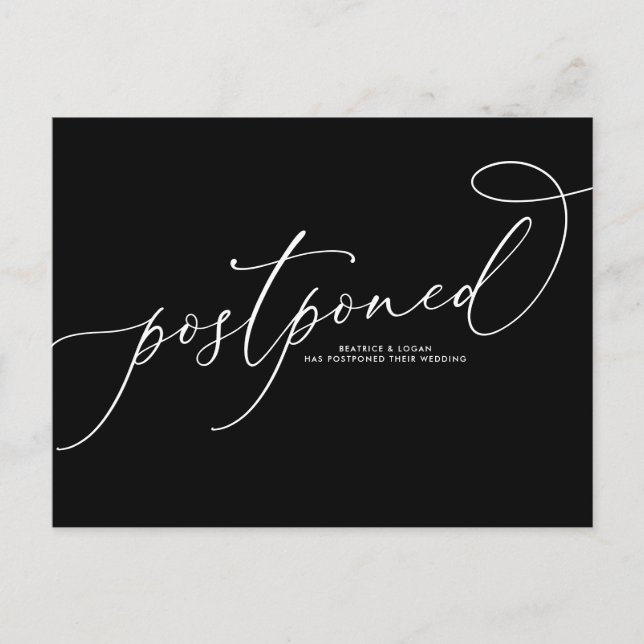 Black Whimsical Script Postponed Wedding Announcement Postcard (Front)
