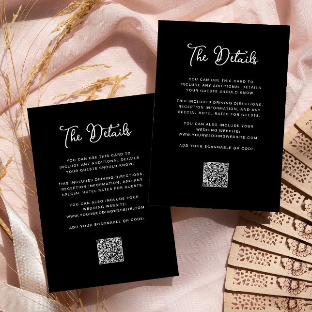 Black Whimsical Wedding Guest Details QR Code Enclosure Card (A simple, dark black wedding details card with QR code)