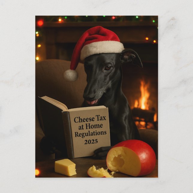 Black Whippet 'Cheese Tax' Christmas postcard  (Front)
