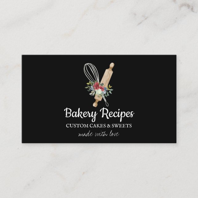 Black Whisk Rolling Pin Home made Bakery Chef Business Card (Front)