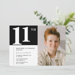 Black White 11th birthday invitation Chic Photo