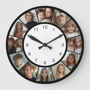 Black White 12 Photo Collage Modern  Large Clock