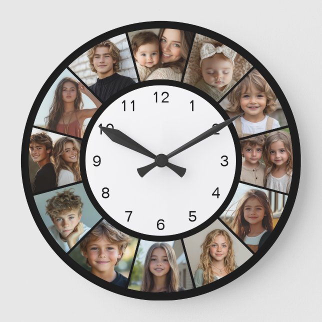 Black White 12 Photo Collage Modern  Large Clock (Front)