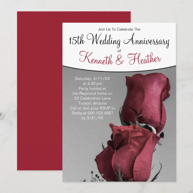 Black White 15th Wedding Anniversary Red Roses Invitation (Front/Back)