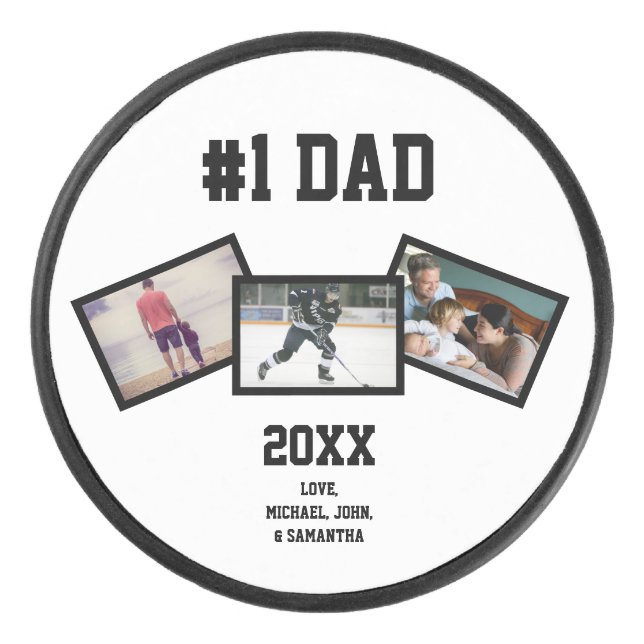 Black White #1 Dad 3 Photo Father's Day Hockey Puck (Front)