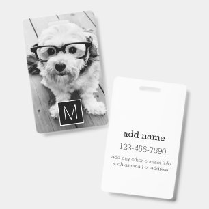 Black White 1 Photo Collage Custom Monogram ID Badge