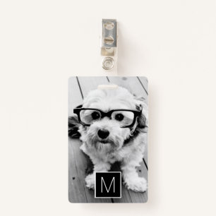 Black White 1 Photo Collage Custom Monogram ID Badge