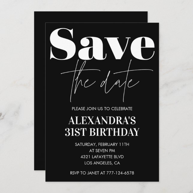 Black White 31st birthday invitation Save the date (Front/Back)