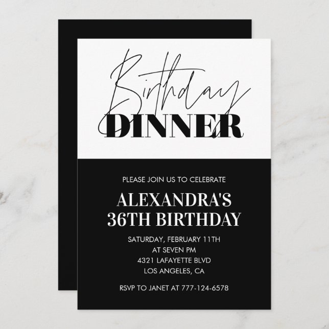 Black White 36th birthday invitations Dinner  (Front/Back)