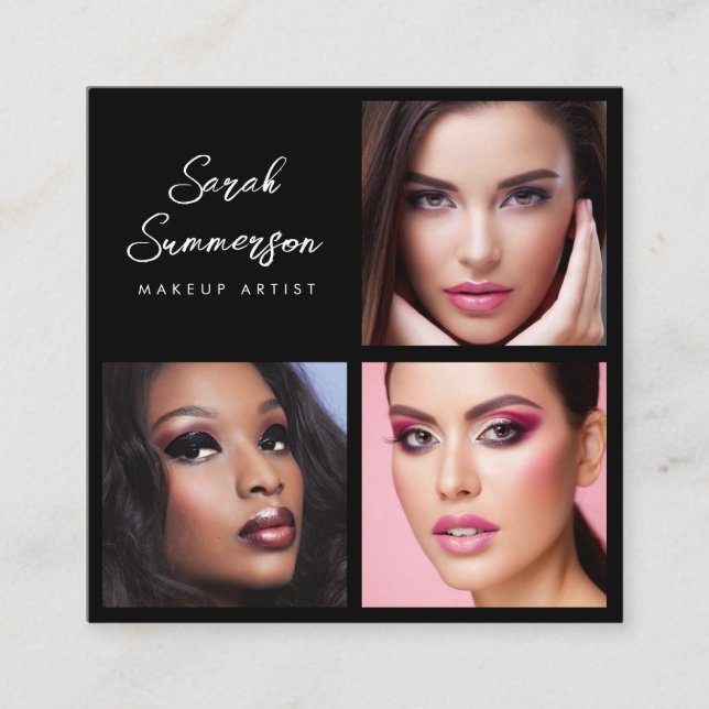 Black White 3 Photo Elegant Makeup Artist Square Business Card (Front)