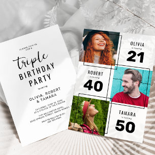 Black White 3 Photo Joint Birthday Party Invitation