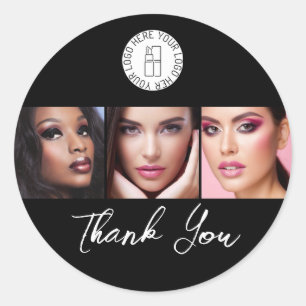 Black White 3 Photo Makeup Logo Thank You Classic Round Sticker