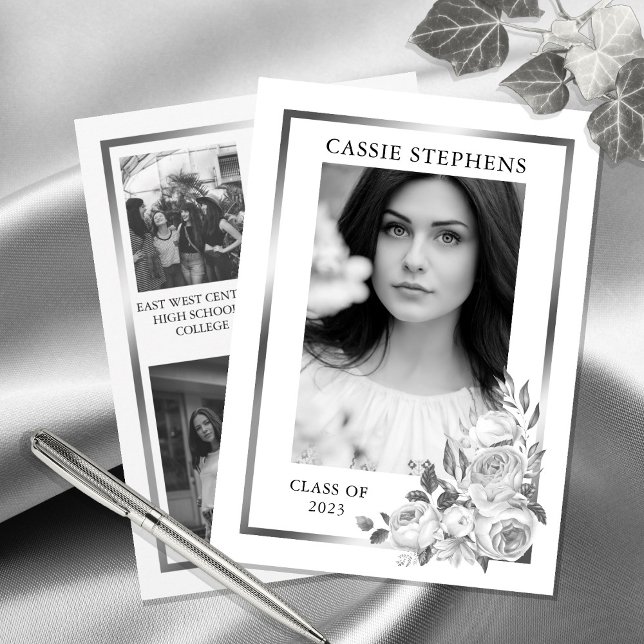 Black |White 4 Photo Collage Gold Frame Graduation Announcement (Creator Uploaded)