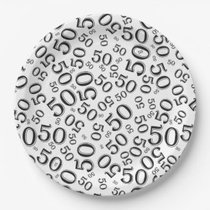 Black/White 50th Birthday Number Pattern Paper Plate
