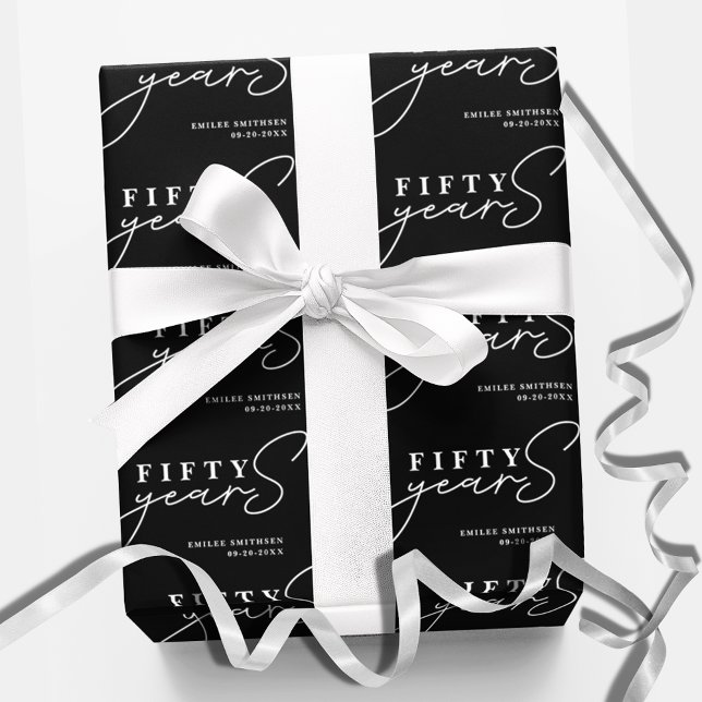 Black White 50th Birthday or Anniversary  Wrapping Paper (Creator Uploaded)