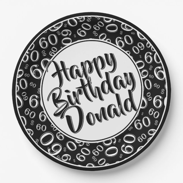 Black/White 60th Random Number Pattern Paper Plate (Front)