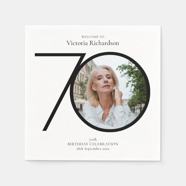 Black White 70th Birthday Minimalist Custom Photo  Napkin (Front)