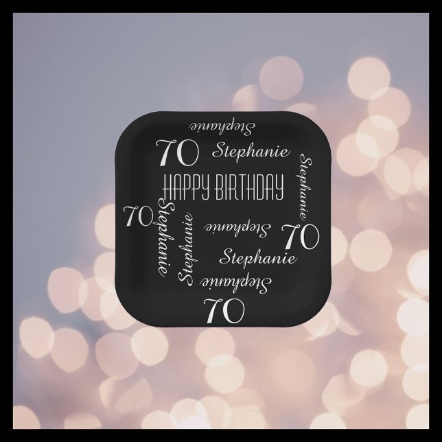 Black White 70th Birthday Party Repeat Name Square Paper Plate (Creator Uploaded)