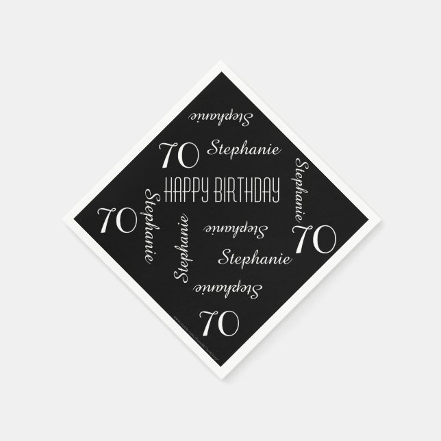 Black & White 70th Birthday Party Repeating Names Napkin (Corner)