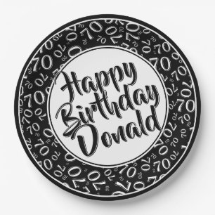 Black/White 70th Random Number Pattern Paper Plate